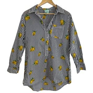 True Destinations Lemon‎ Print Striped Cotton Button Shirt M Navy Coastal Amalfi